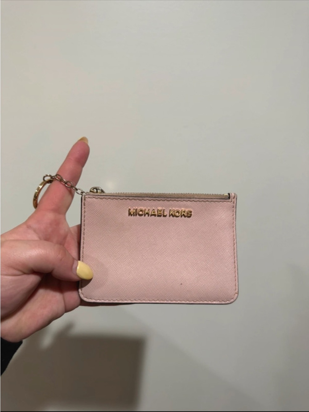 Michael Kors Pale Pink Saffiano Leather Zip Card Holder with Keyring